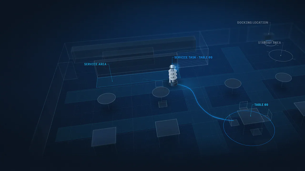 Illustrative film: a U1 enters an unknown venue, maps and understands it, is configured, serves a table and returns to its dock.