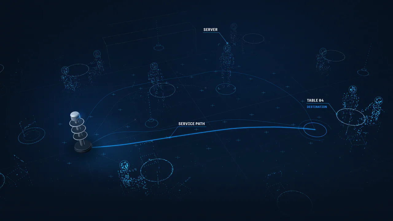Illustrative still: candidate routes fan out toward TABLE 04, blocked ones stop short, and one is decided in blue as the service path.