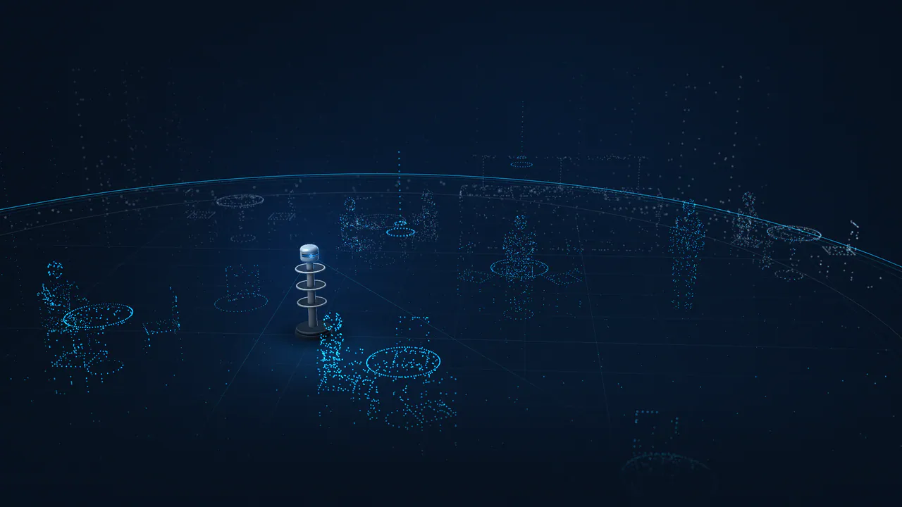Illustrative still: a U1’s scan sweeps a dining room as points resolve tables, chairs, seated guests and a standing server.