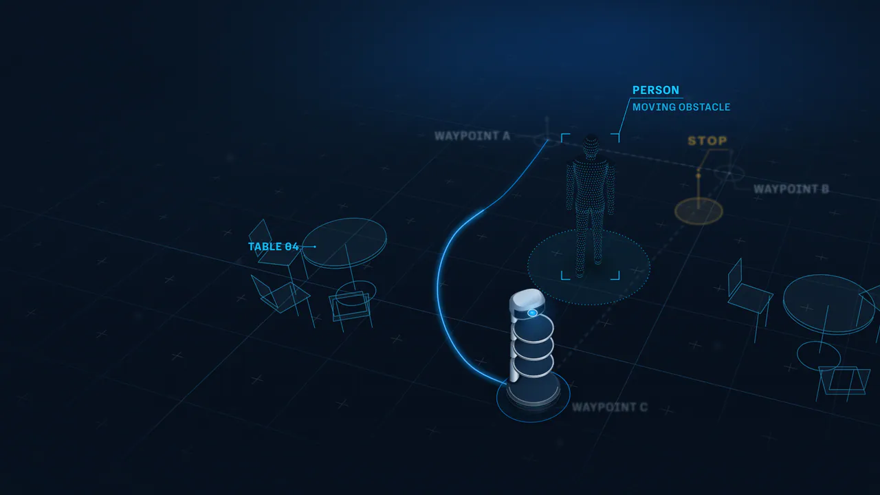 Illustrative still: the programmed run holds at STOP while a Synthra robot follows a new blue route around the person.