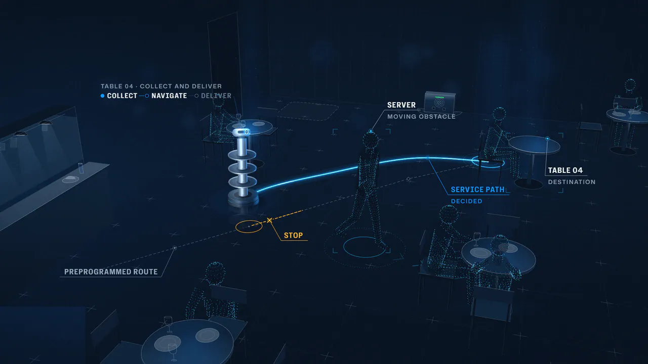 Illustrative still: a server crosses the aisle; a programmed route stops in amber while U1 re-forms its path behind them.