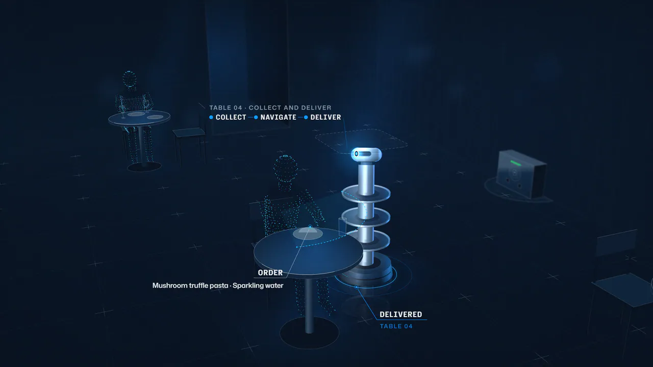 Illustrative still: U1 at Table 04 with the order within the guest’s reach, labelled delivered.