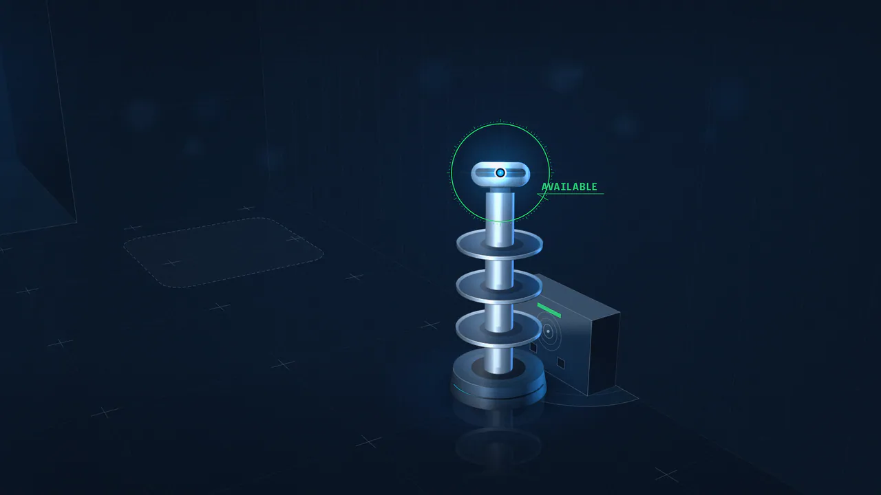 Illustrative still: U1 on its dock, the charge ring closed and green, labelled available.