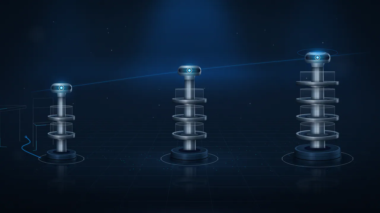 Illustrative film: U1e, U1 and U1 Max stand on one floor line at illustrative proportions, the same core light lit in all three.