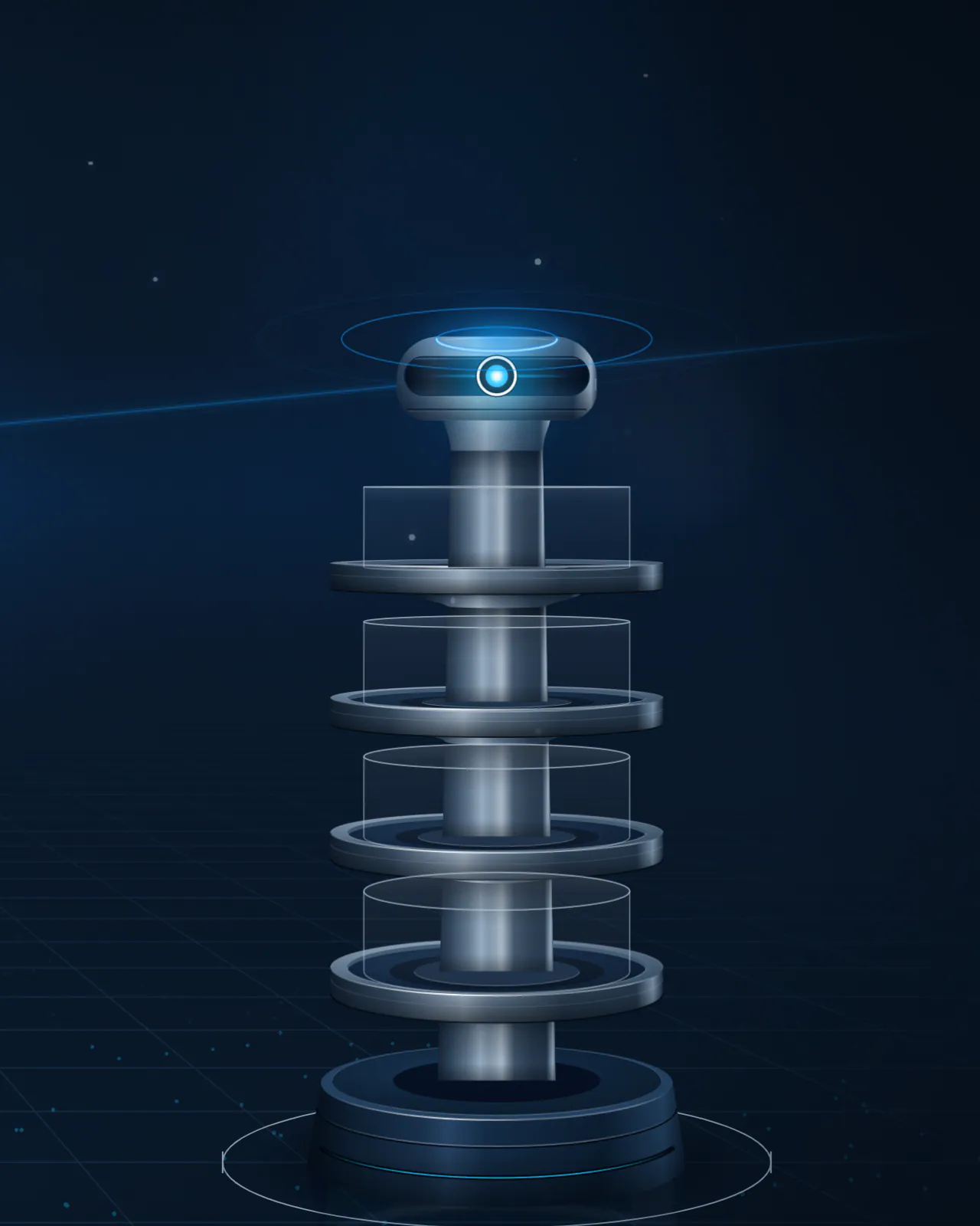 Illustrative render of U1 Max, the largest U1 model, on the maquette floor, its white ring and blue core lit.