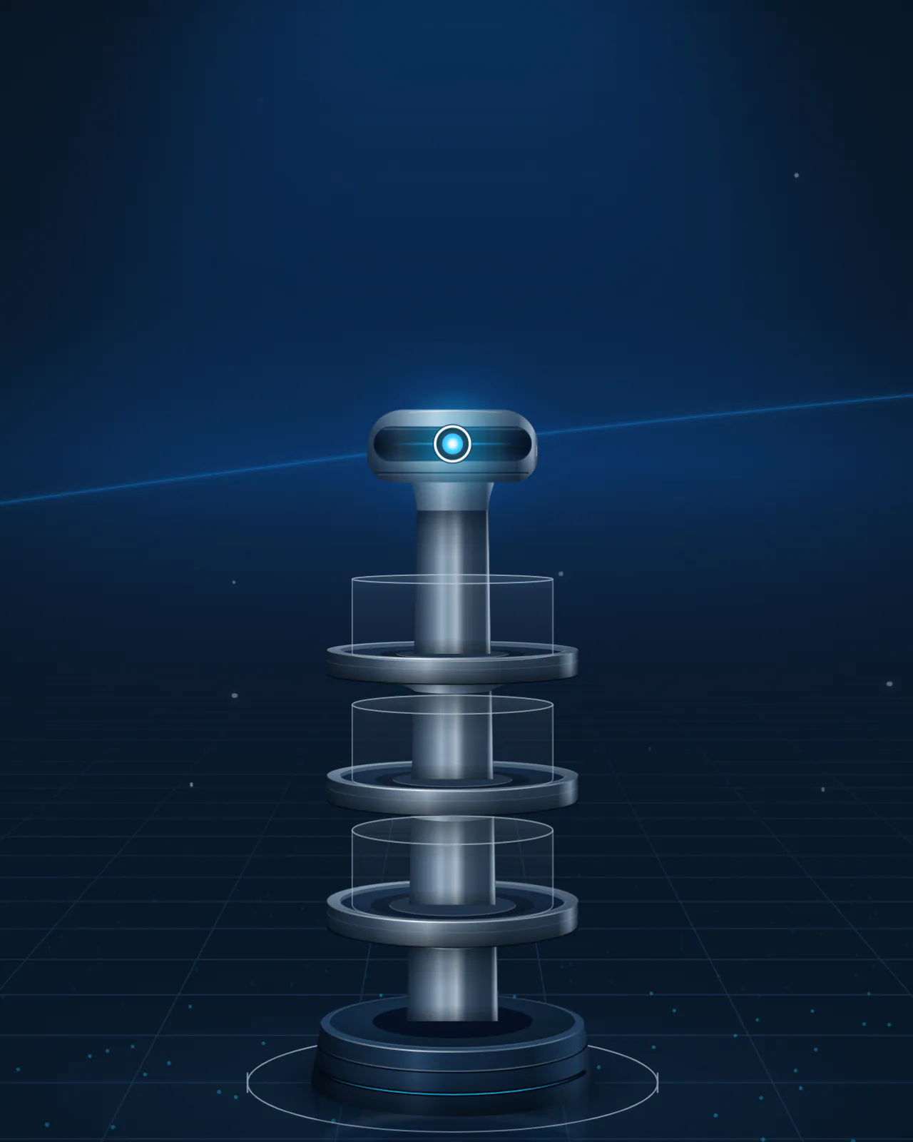 Illustrative render of U1, the general-purpose U1 model, on the maquette floor, its white ring and blue core lit.