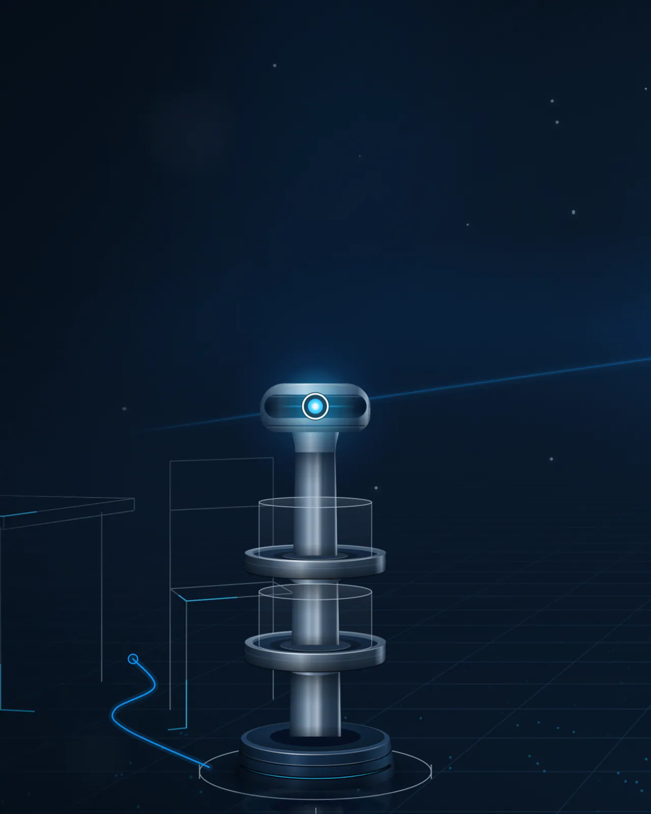 Illustrative render of U1e, the compact U1 model, on the maquette floor beside a table and chair, its white ring and blue core lit.
